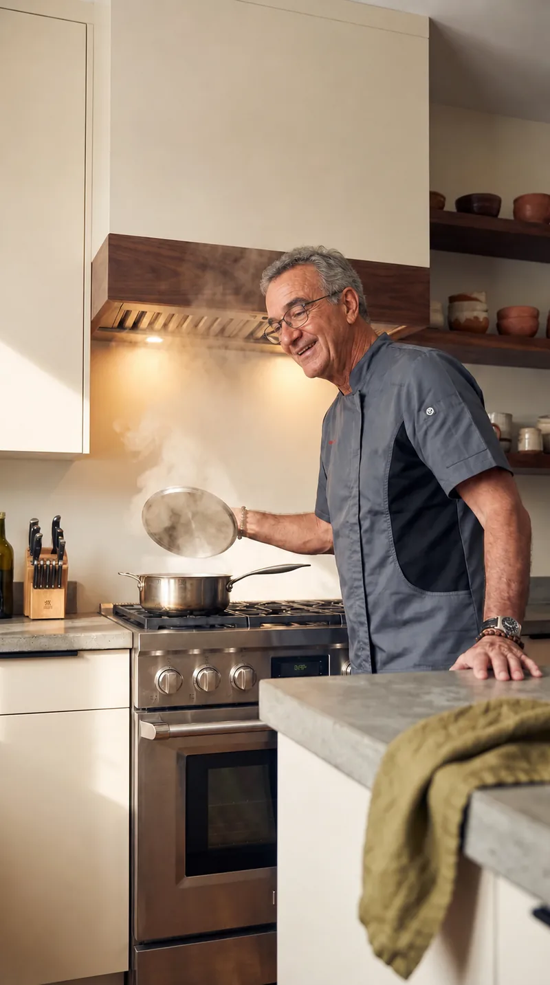 Túlio lifting the lid from a pan at the stove