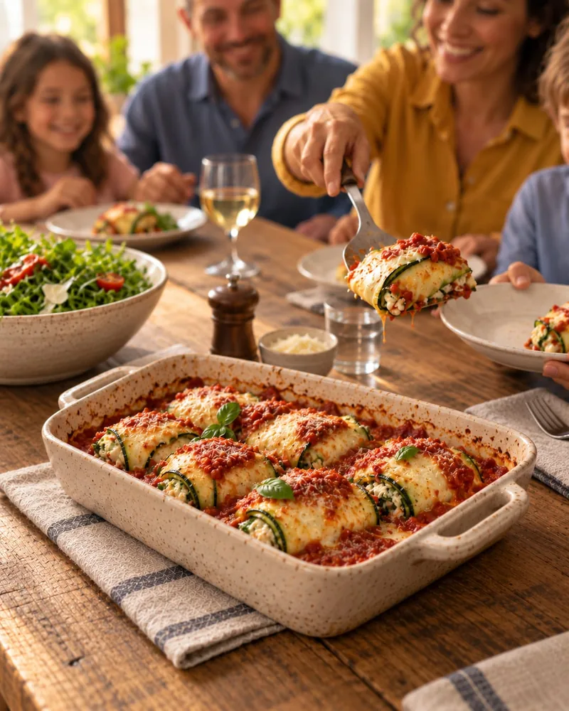 A shared dish of zucchini ravioli at a family table, one portion being served